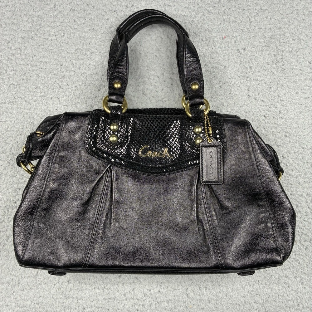 Coach Ashley Black Leather Python Trim Satchel Shoulder Bag F19247 Purse